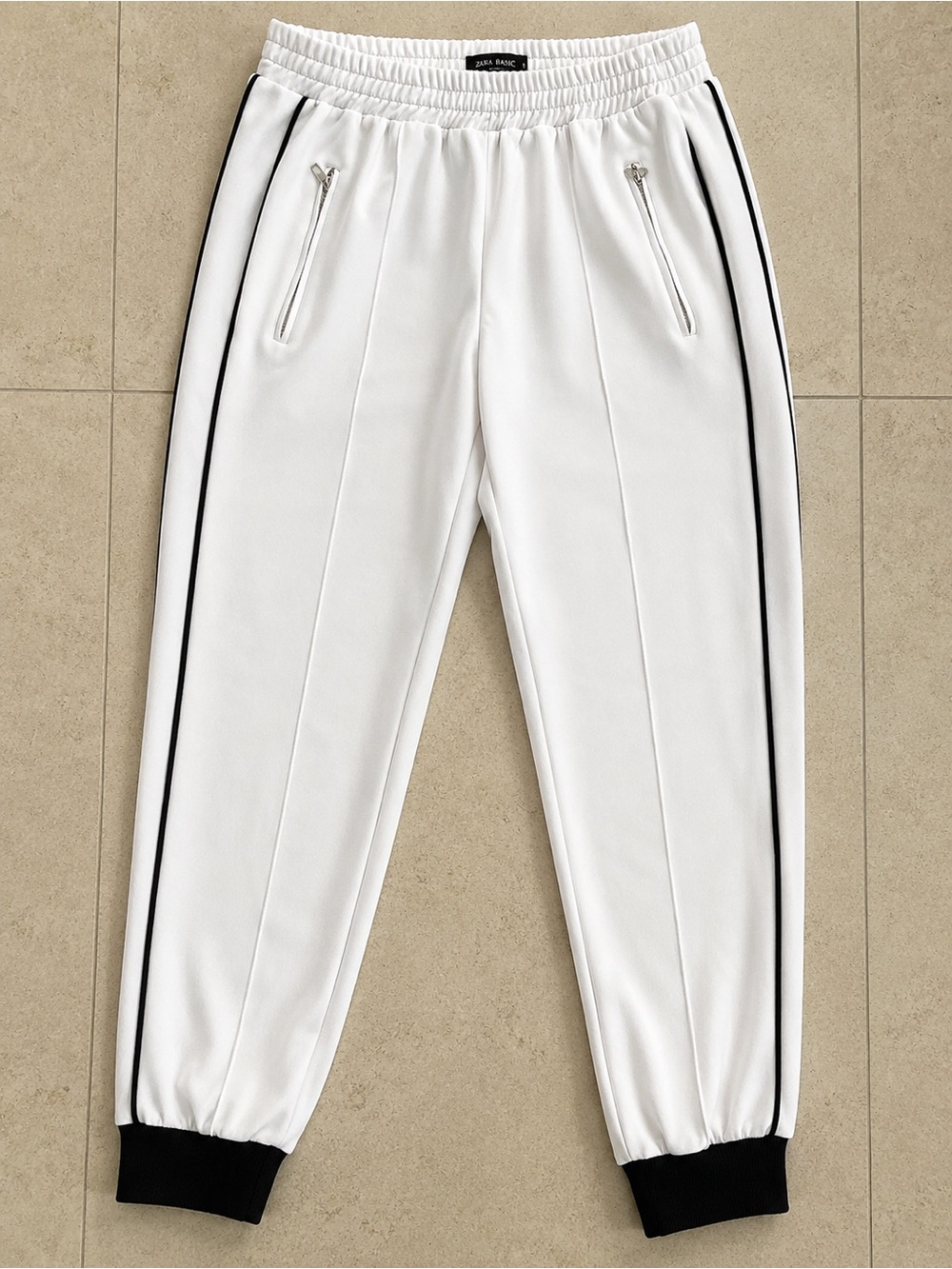 Zara White Jogger Pants with Black Side Stripes